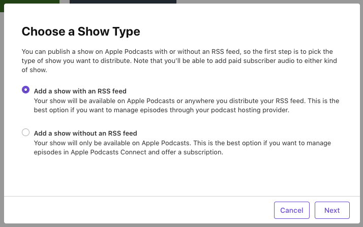 apple podcasts add a show with an rss feed