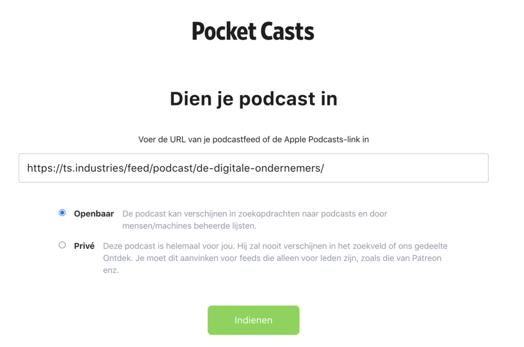 pocket casts formulier om podcast in te dienen