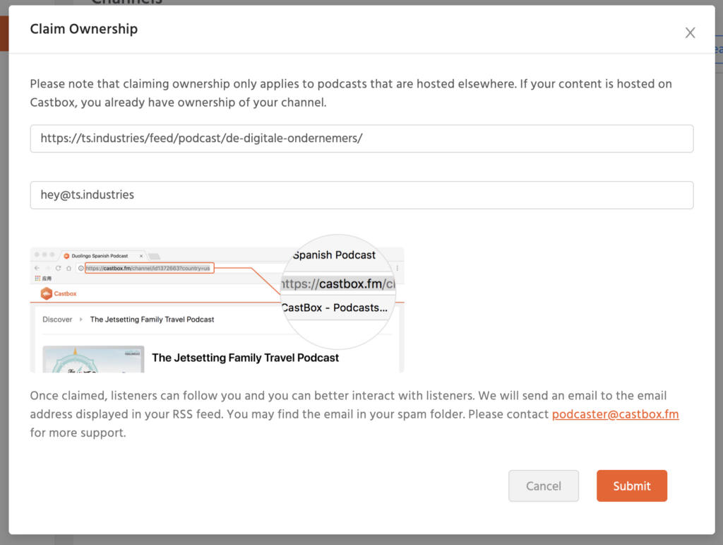 podcast toevoegen aan castbox via rss feed en e-mailadres
