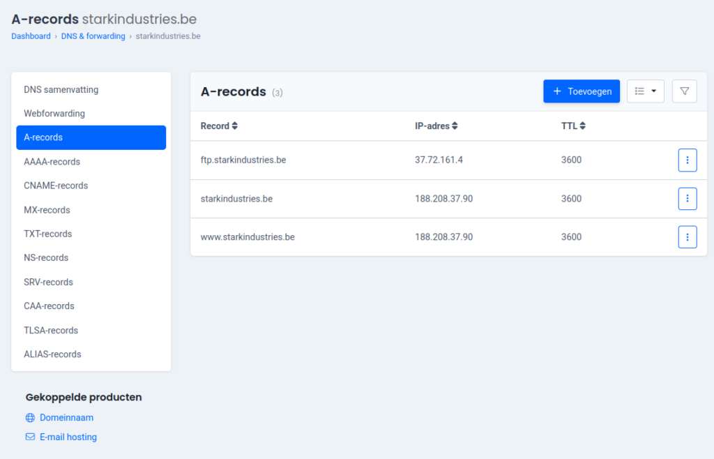 combell overzicht dns records