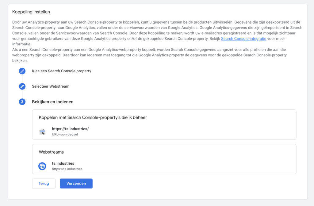 Google Analytics en Google Search Console koppeling bevestigen