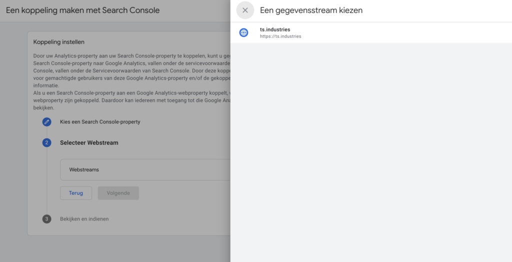 google analytics koppeling google search console webstream kiezen