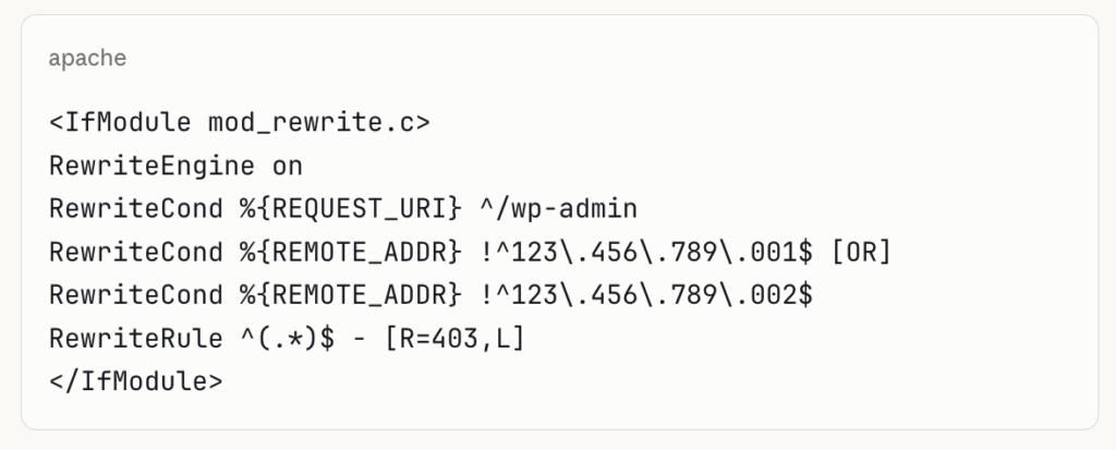 Codevoorbeeld om IP whitelisting toe te passen voor WordPress via htaccess.