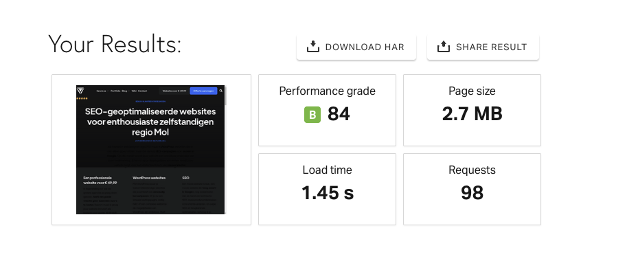 Resultaten van een Pingdom Tools speedtest