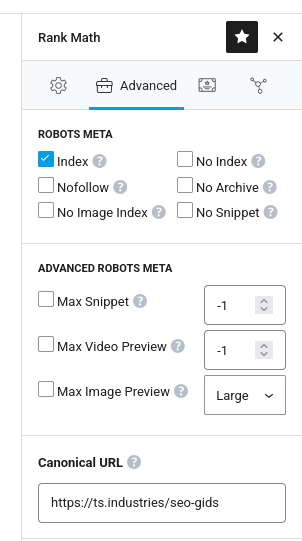 rank math instellingen met optie voor canonical tag