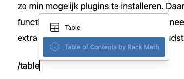 toevoegen van een inhoudstafel aan een blogbericht via Rank Math 