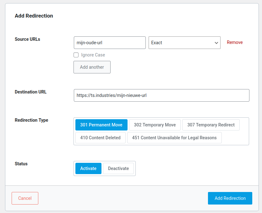 Voorbeeld van een redirect in de Rank Math SEO plugin