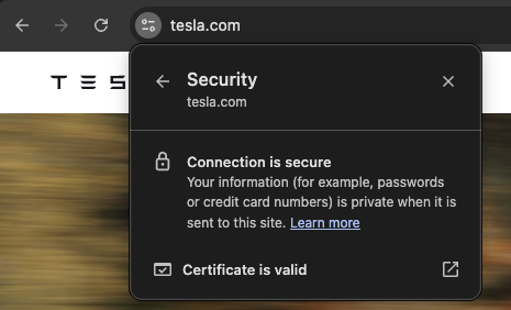 SSL-certificaat van de Tesla website wordt geïnspecteerd via de Chrome browser. 