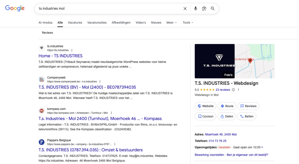 ts industries in google zoekresultaten