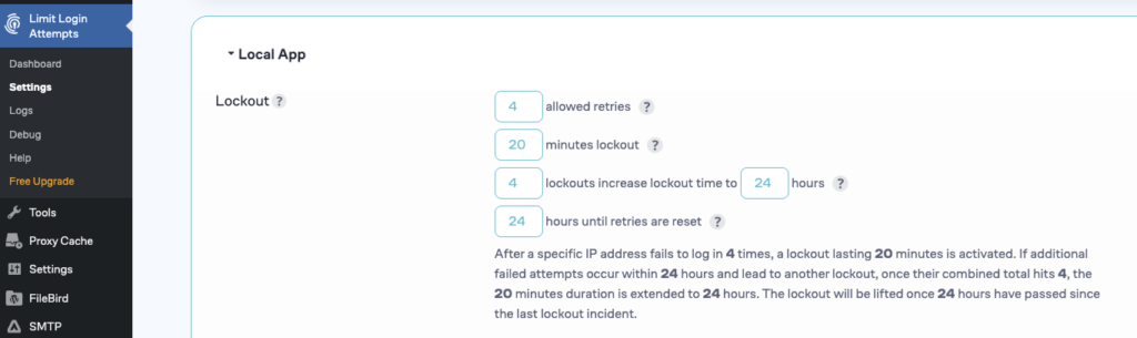 Voorbeeld van instellingen voor de Limit Login Attempts Reloaded plugin voor WordPress.