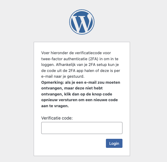 Veld voor het invoeren van een 2FA verificatie token bij het inloggen op een WordPress website.