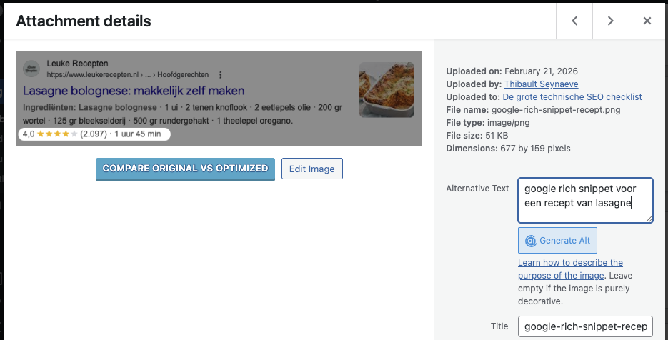 wordpress media library met voorbeeld van ingevulde alt tekst