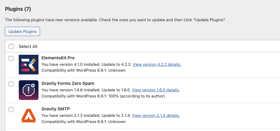 Overzicht van een aantal openstaande WordPress plugin updates in de back-end. 