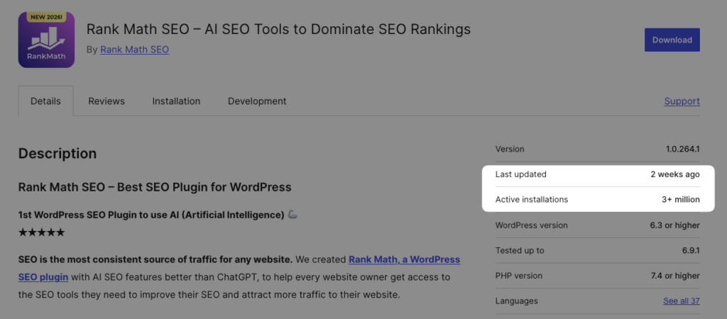 Rank Math in de WordPress Plugin Directory, met het aantal actieve installaties en moment van de laatste update uitgelicht.