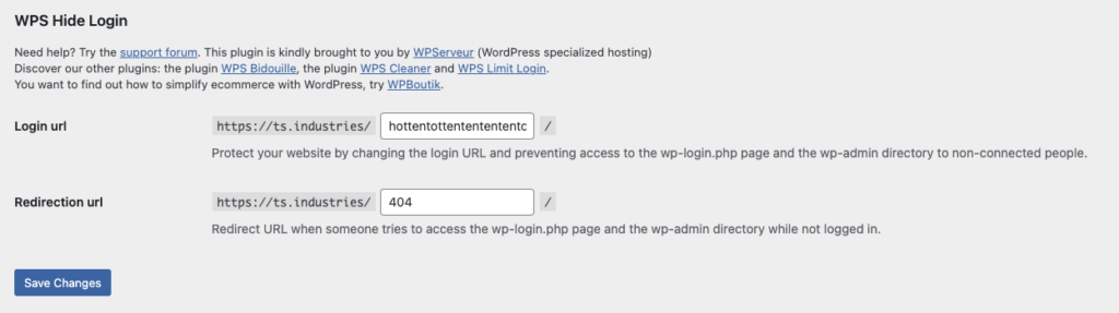WPS Hide Login instellingen met een voorbeeld van een gewijzigd login url. 