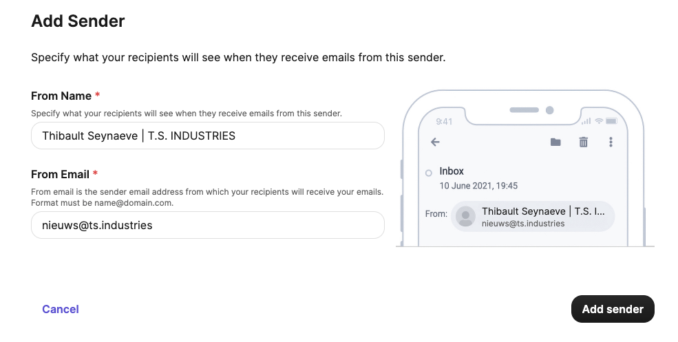 Pagina om afzender toe te voegen in Brevo. 