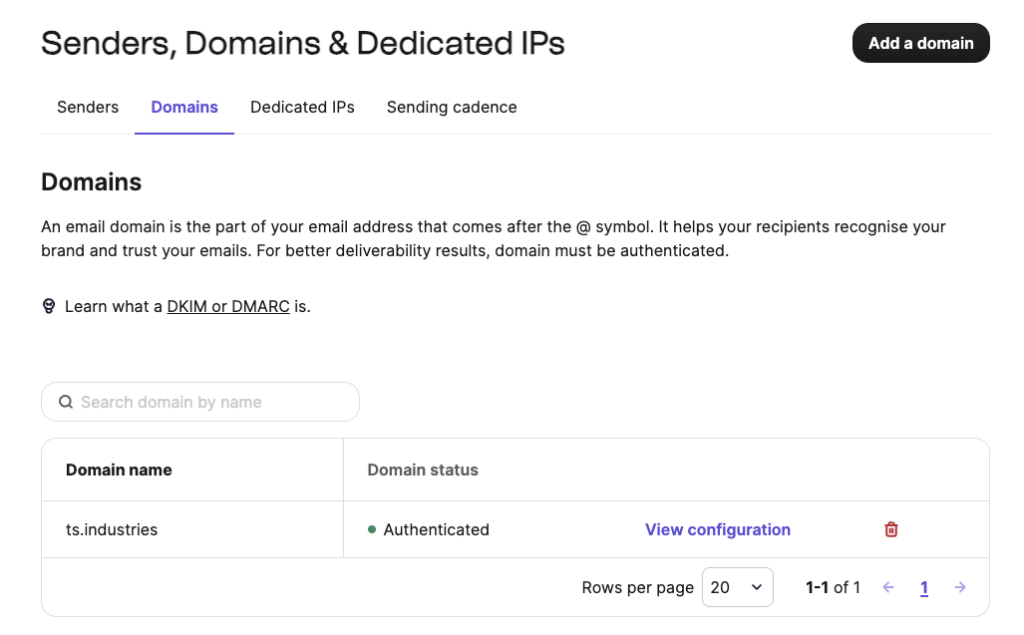 Overzicht van authenticated domeinnamen in Brevo.