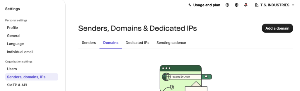 Brevo overzicht van afzenders, domeinen en dedicated ips. 
