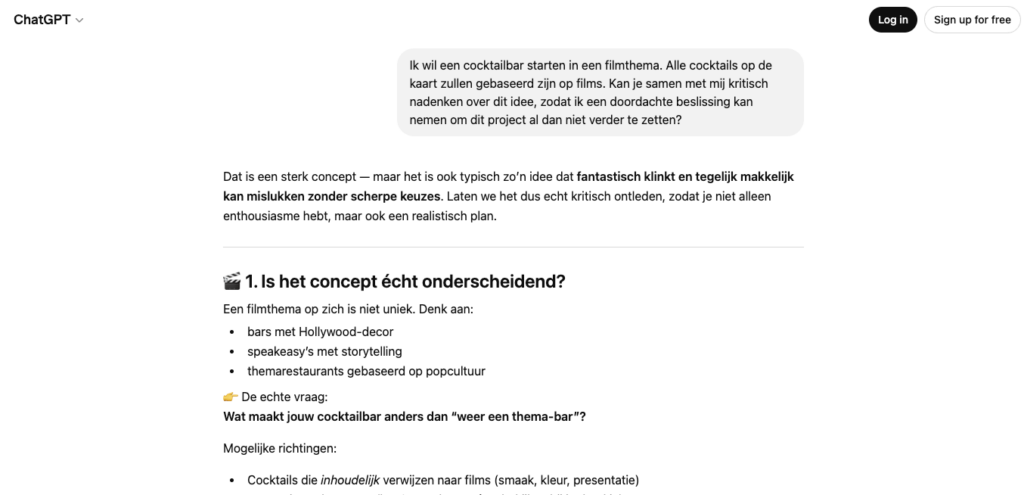 Vragen aan ChatGPT om kritisch na te denken over een idee voor een nieuwe cocktailbar.