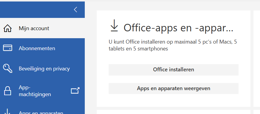 Knop om Office te installeren via Microsoft 365