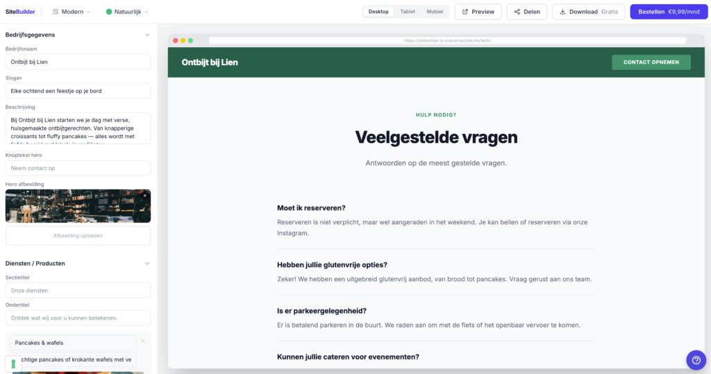 Preview van een website in de T.S. INDUSTRIES Sitebuilder.