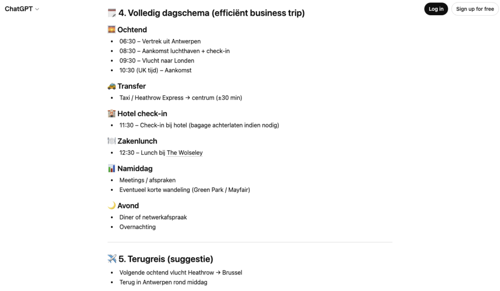 Een zakenlunch plannen in Londen via ChatGPT.