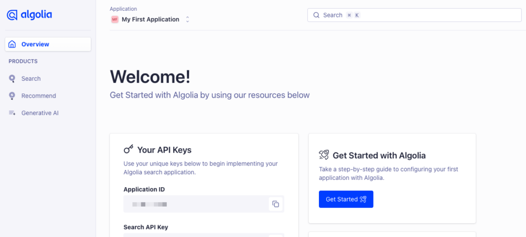 Algolia dashboard met 'Get Started' optie.
