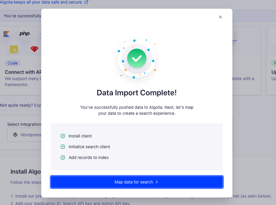 Bevestiging in Algolia dashboard dat alle data correct verstuurd werd naar Algolia.