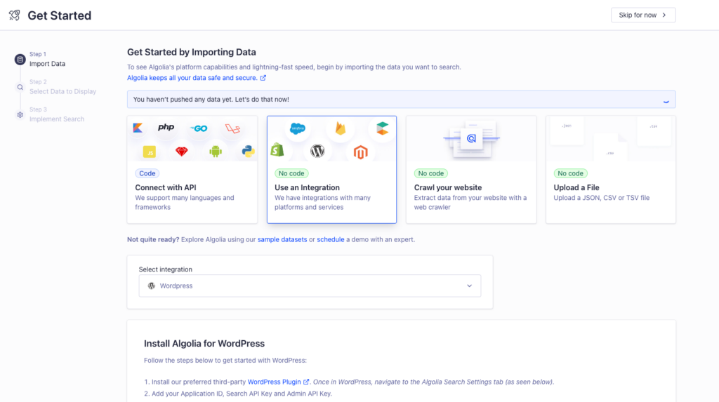 'Getting started' optie in Algolia toont de mogelijke opties, waarbij 'use an integration' geselecteerd werd.