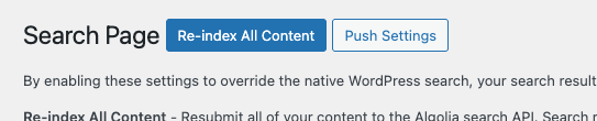 Algolia WordPress plugin toont 're-index all content' knop.