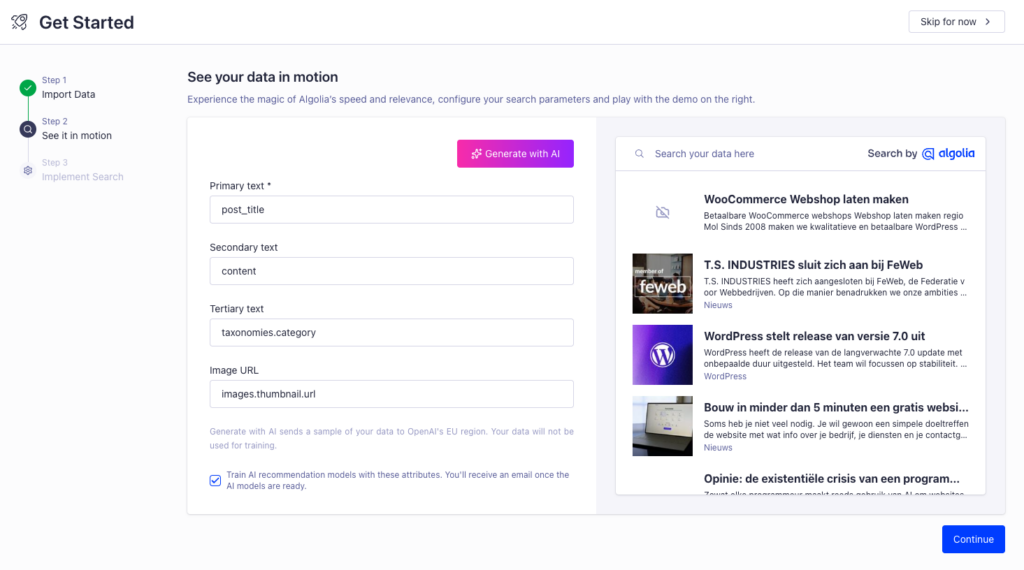Algolia mapping om zoekresultaten op te bouwen.