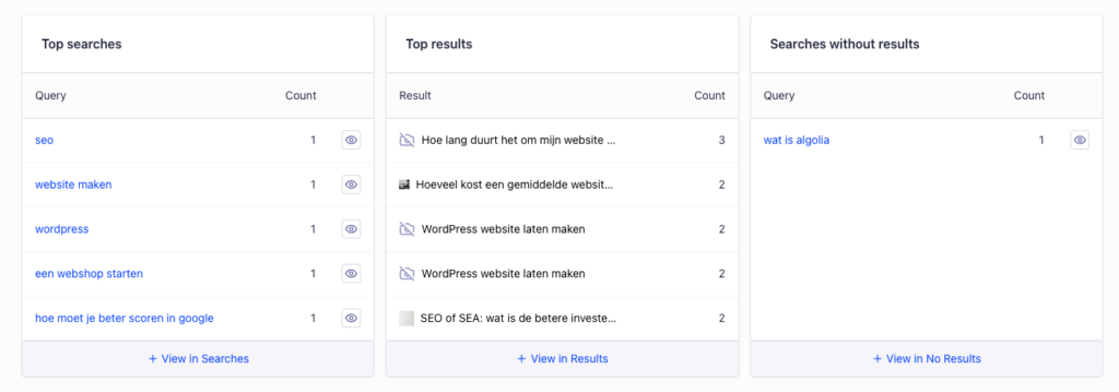 Analyse van de zoekopdrachten die Algolia verwerkt heeft.