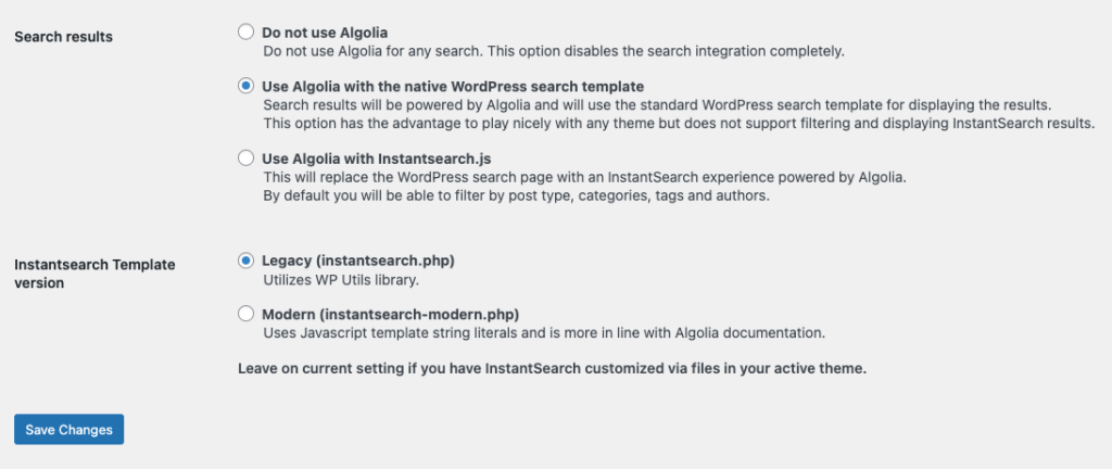 Instellen van de Algolia Search Page via de WordPress plugin.