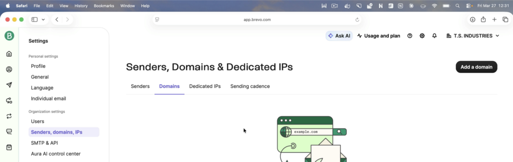 Pagina om een domein toe te voegen in Brevo