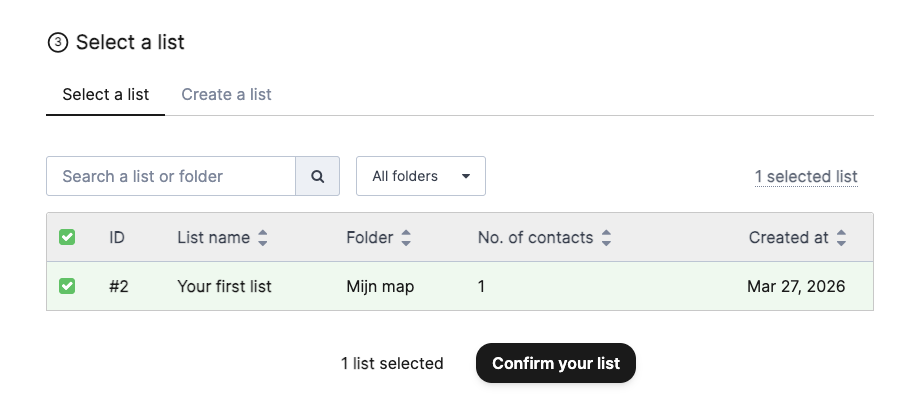 Een lijst selecteren in Brevo