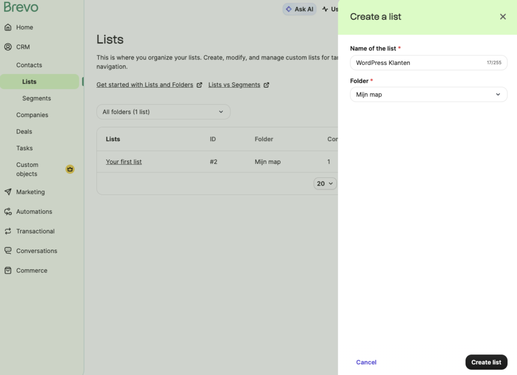 Een lijst maken in Brevo