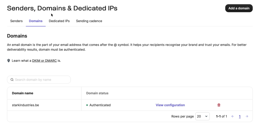 Voorbeeld van een authenticated domain in Brevo