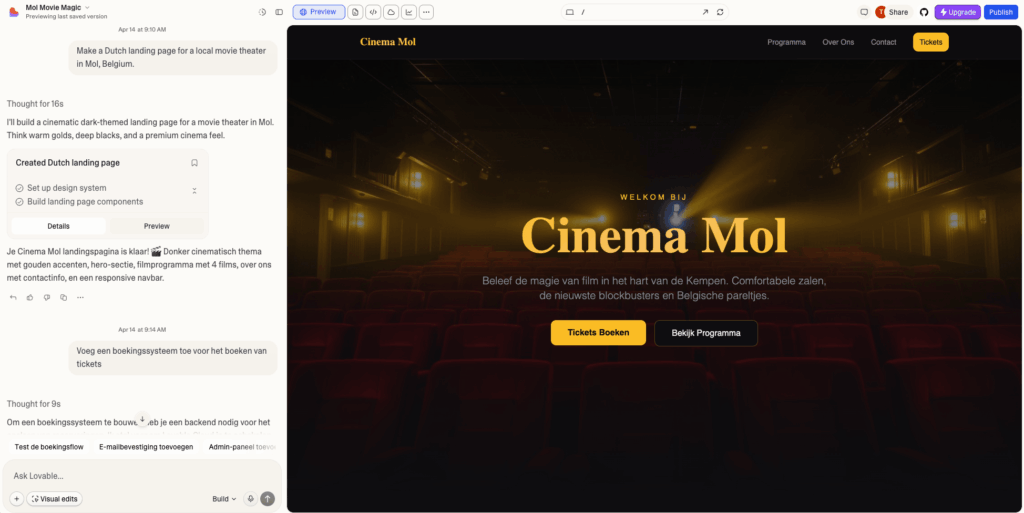 Lovable wordt gebruikt om een website te maken voor een cinema in Mol.
